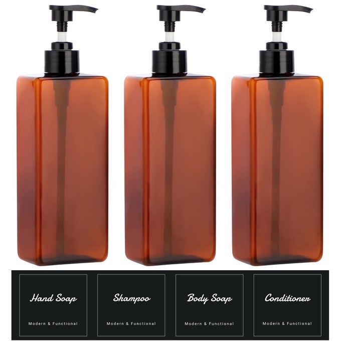 AMBER SHAMPOO AND CONDITIONER DISPENSER WITH BLACK PLASTIC PUMP 169OZ REFILLABLE SHOWER BOTTLE FOR BATHROOM EMPTY CONTAINER FOR BODY WASH HAND SOAP LOTION MASSAGE OIL