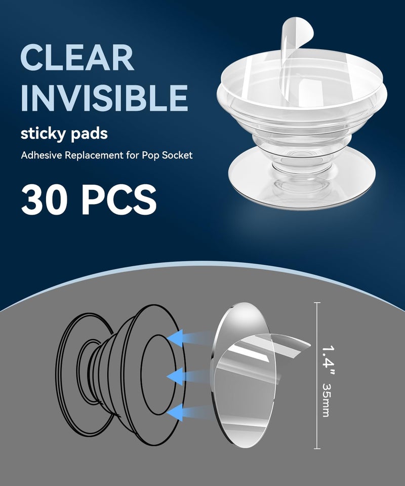 PHIXBEAR 30 Pack Super Sticky Adhesive, Clear Invisible Adhesive Replacement for Pop Socket Base, 1.4 Inch Non-Damaging Double Sided Tapes for Phone Collapsible Grip & Stand Back - Image 2