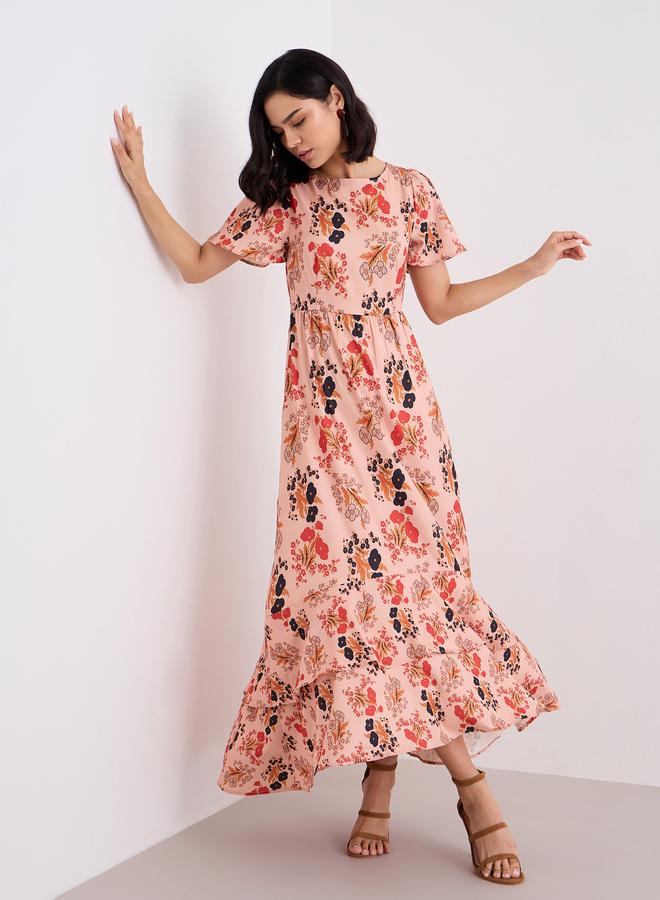 Peach Floral Print Layered Maxi Dress