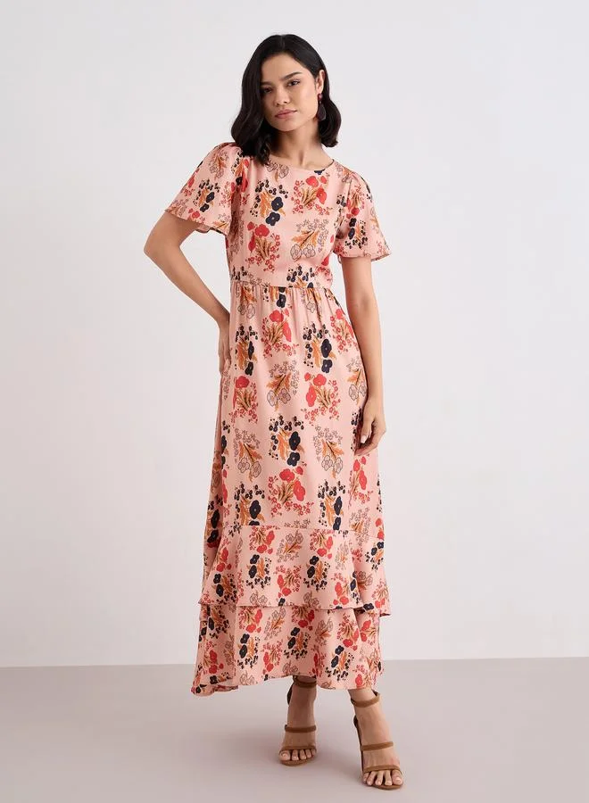 Styli Styli Peach Floral Print Layered Maxi Dress