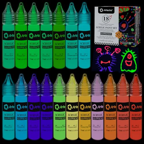 Artecho Glow in the Dark Paint 18 Colors, 11 ml Acrylic Paint for Decoration, Outdoor and Indoor Art Craft, Supplies for Canvas, Rock, Wood, Fabric - Image 1