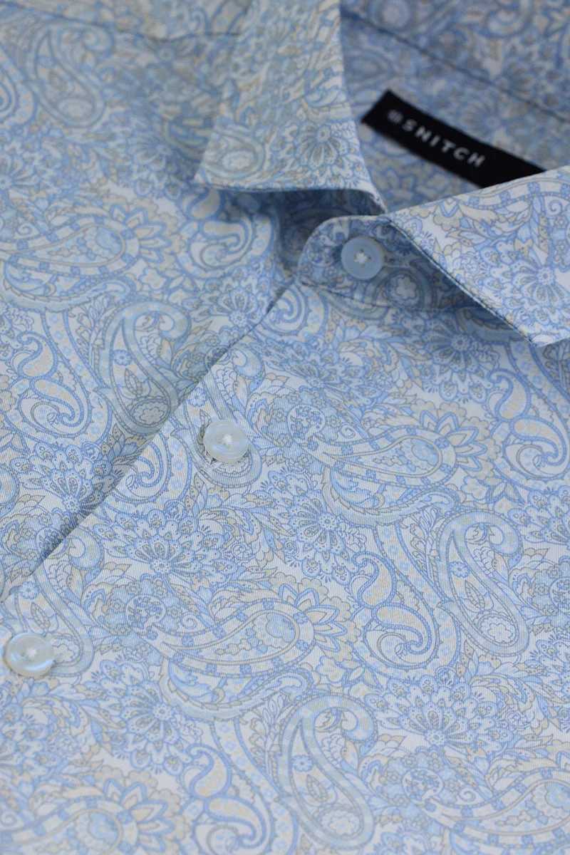 سنيتش Light Blue Paisley Long Sleeve Slim Fit Shirt