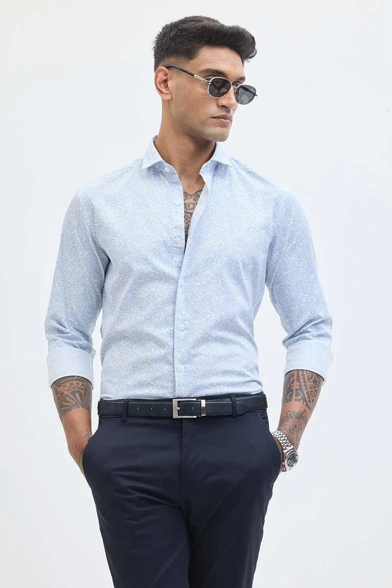 SNITCH Light Blue Paisley Long Sleeve Slim Fit Shirt