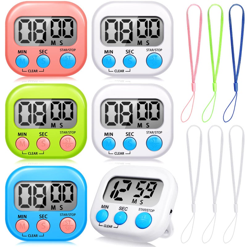 Flutesan 6 Pack Small Digital Kitchen Timer Kitchen Timer for Cooking with 6 Pieces Lanyard Magnetic Back and OnOff Switch Second Minute Count up Countdown Multicolored