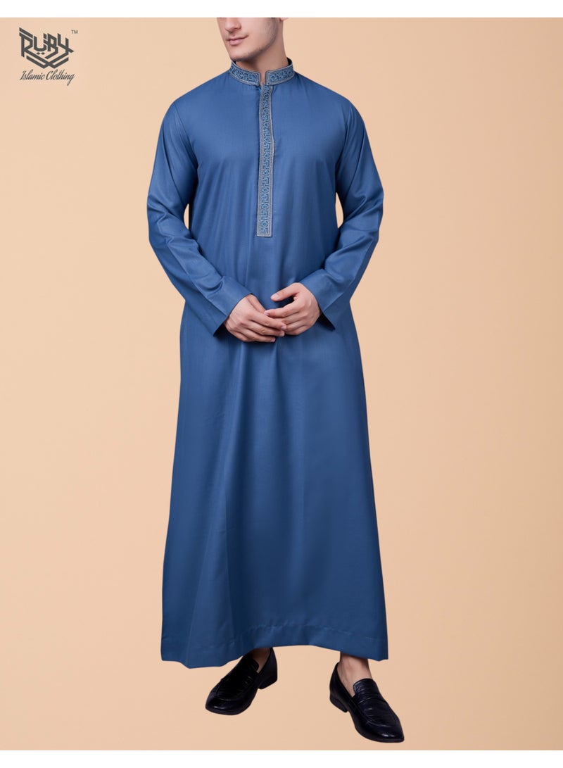 RUBY ISLAMIC CLOTHING Men's Saudi Arabic Thobe Jubba Dishdasha Long Sleeve Robe, Kandura, Abaya Dress, Kaftan Ramadan Dress Middle Eastern Clothing (Bright Blue) - Image 1