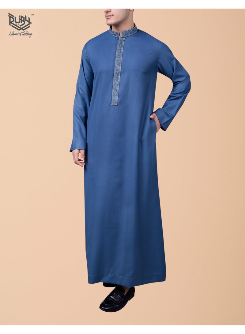 RUBY ISLAMIC CLOTHING Men's Saudi Arabic Thobe Jubba Dishdasha Long Sleeve Robe, Kandura, Abaya Dress, Kaftan Ramadan Dress Middle Eastern Clothing (Bright Blue) - Image 4