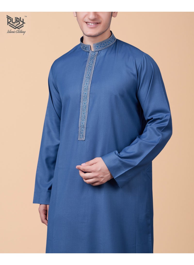 RUBY ISLAMIC CLOTHING Men's Saudi Arabic Thobe Jubba Dishdasha Long Sleeve Robe, Kandura, Abaya Dress, Kaftan Ramadan Dress Middle Eastern Clothing (Bright Blue) - Image 3