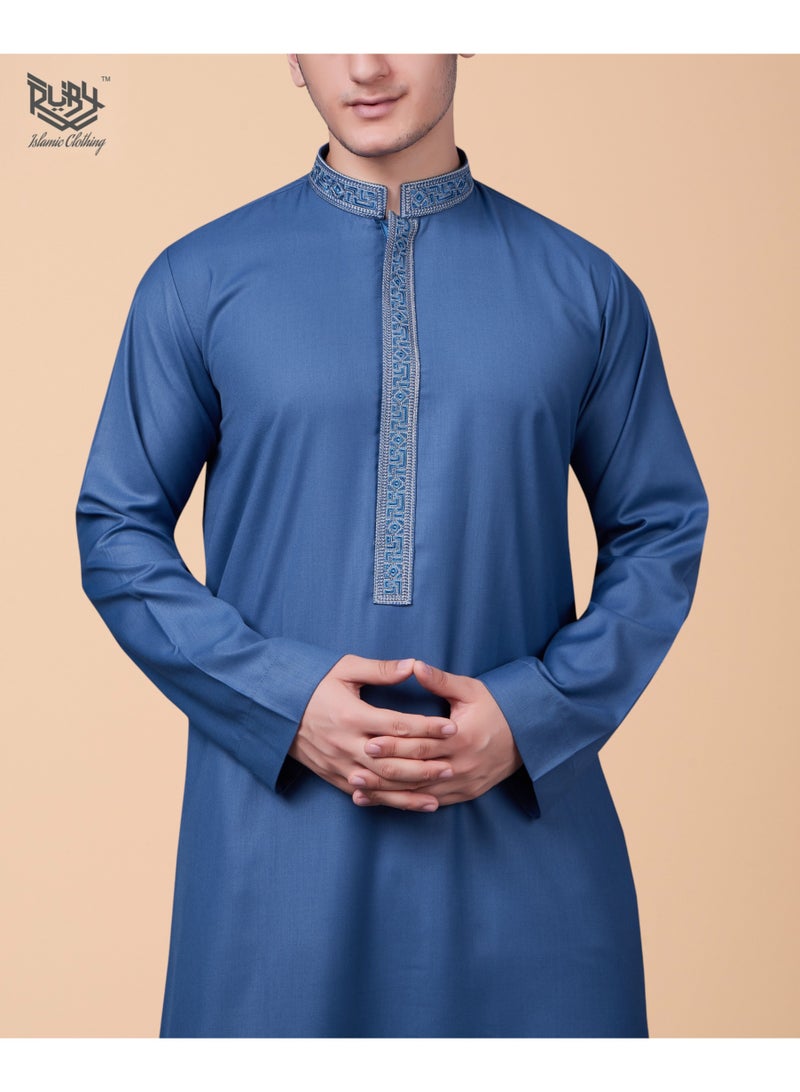 RUBY ISLAMIC CLOTHING Men's Saudi Arabic Thobe Jubba Dishdasha Long Sleeve Robe, Kandura, Abaya Dress, Kaftan Ramadan Dress Middle Eastern Clothing (Bright Blue) - Image 2