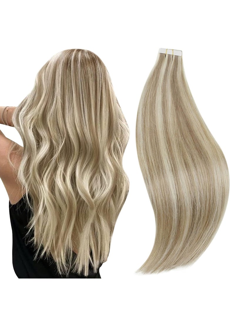 RUNATURE RUNATURE Tape in Hair Extensions Human Hair 14 Inch Invisible Tape in Extensions Real Human Hair Ash Brown with Platinum Blonde Human Hair Tape in Extensions Thick Glue in Hair Extensions 50g 20pcs 