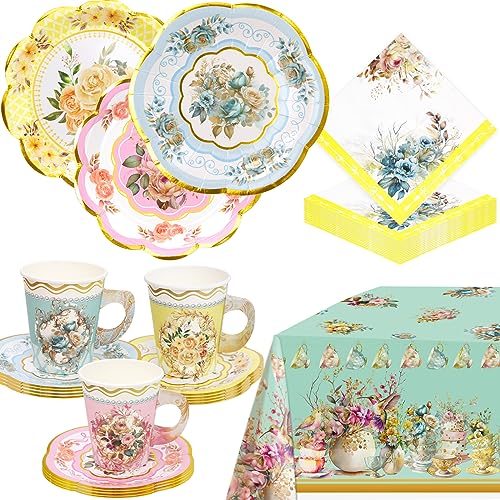 WorldBazaar Tea Party Supplies Floral Party Dinnerware 12 Set Paper Tea Cups and Saucers, Plates Napkins Tablecloth Birthday Table Decorations Girls Kids Adults Woman - Image 2