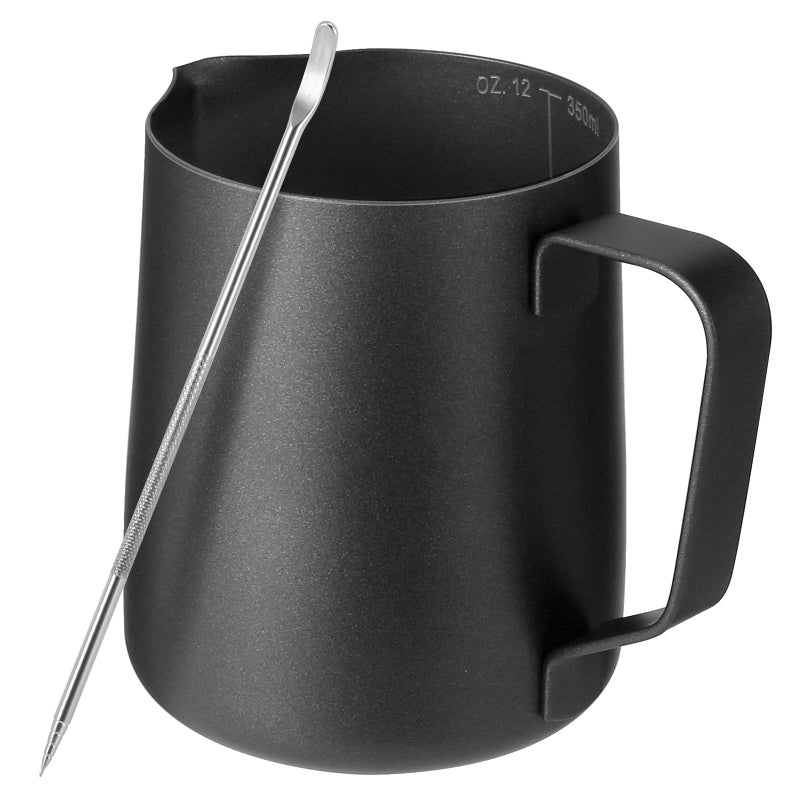 Milk Jug with Latte Decorating Art PenBlack Teflon Coating 350ml12oz 304 Stainless Steel Milk Frother Pitcher CupMetal Barista Accessories for Coffee Machine