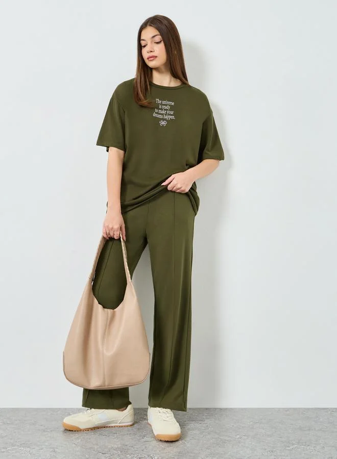 Styli Olive Slogan Print Oversized T-Shirt