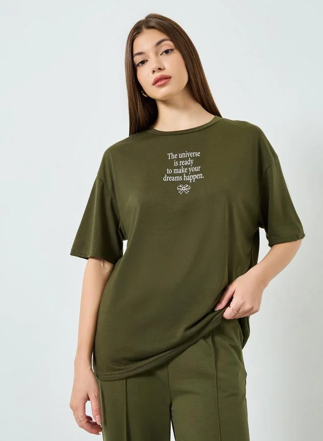 Styli Olive Slogan Print Oversized T-Shirt