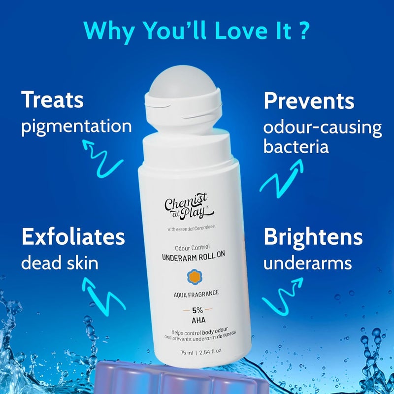 Chemist at Play UnderArm RollOn with 5 AHA Lactic Acid  1 Mandelic Acid  Prevents Body Odour Brightens Skin  Exfoliates Underarm  Fades Pigmentation  Kills Bacteria  For Sensitive Skin  Aqua Fragrance  Alcohol Free  75ml - Image 2