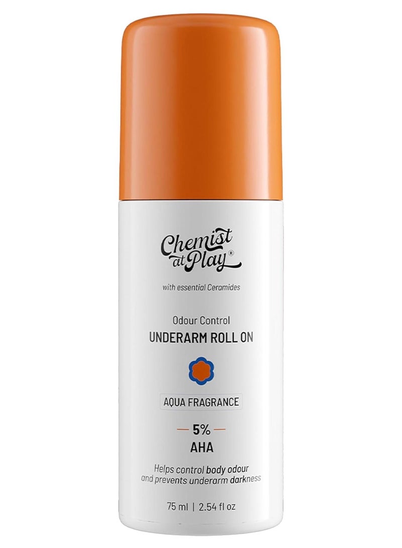 Chemist at Play UnderArm RollOn with 5 AHA Lactic Acid  1 Mandelic Acid  Prevents Body Odour Brightens Skin  Exfoliates Underarm  Fades Pigmentation  Kills Bacteria  For Sensitive Skin  Aqua Fragrance  Alcohol Free  75ml - Image 1
