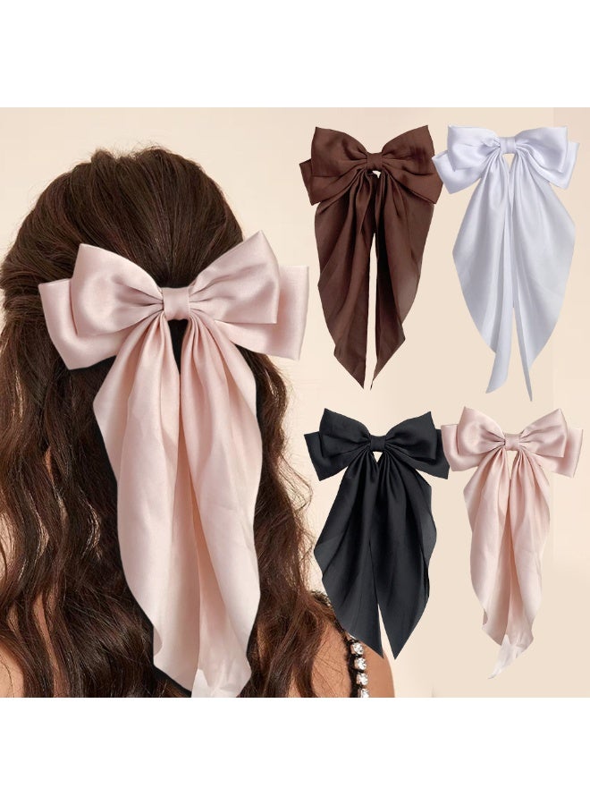 JUMEI 4PCS Satin Ribbon Long Tail Bow Hair Clips for Women & Girls – French Style Hair Accessories (Light Pink/Khaki/Black/Brown) - Image 1