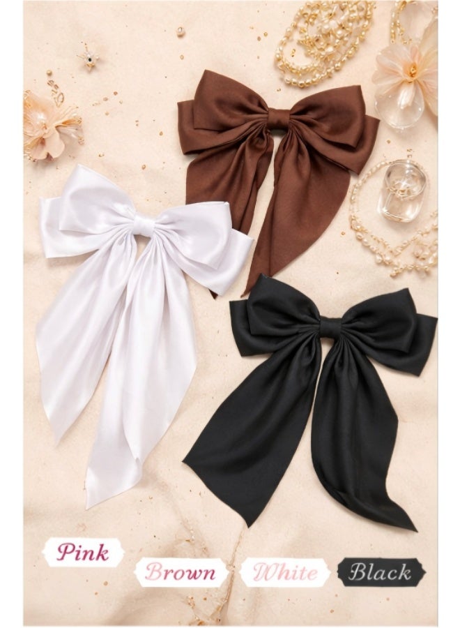 JUMEI 4PCS Satin Ribbon Long Tail Bow Hair Clips for Women & Girls – French Style Hair Accessories (Light Pink/Khaki/Black/Brown) - Image 4