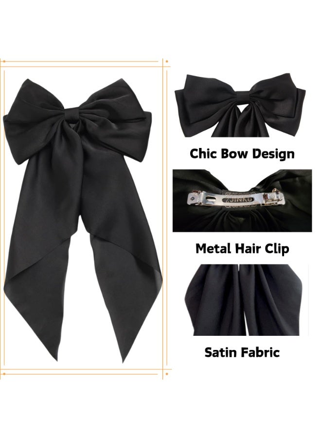 JUMEI 4PCS Satin Ribbon Long Tail Bow Hair Clips for Women & Girls – French Style Hair Accessories (Light Pink/Khaki/Black/Brown) - Image 2