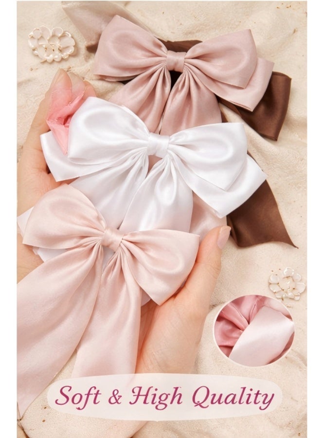 JUMEI 4PCS Satin Ribbon Long Tail Bow Hair Clips for Women & Girls – French Style Hair Accessories (Light Pink/Khaki/Black/Brown) - Image 5