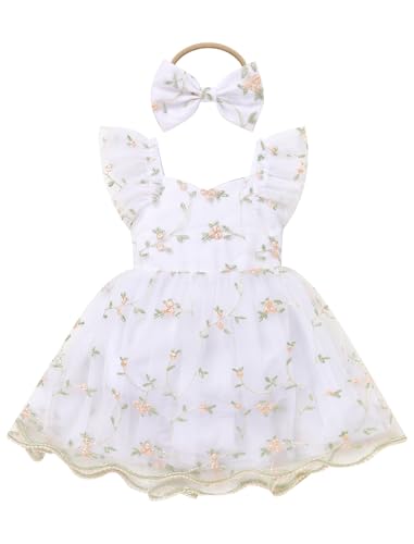 ODOLDI Kids Girls Birthday Party Dress Cake Crush Mesh Embroidered Floral Ruffle Tulle Tutu Romper Dress White 6-9 Months - Image 1