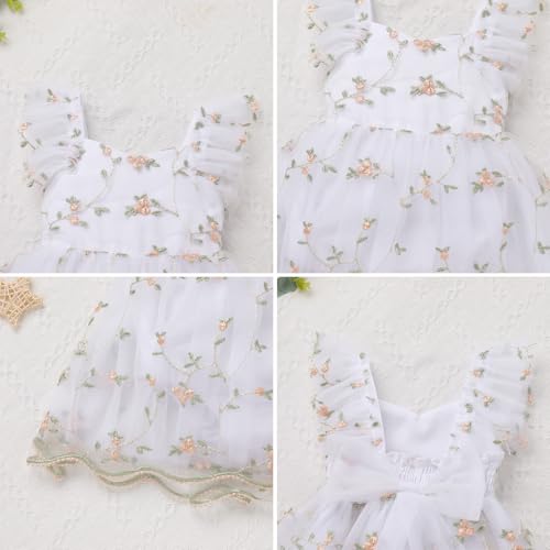 ODOLDI Kids Girls Birthday Party Dress Cake Crush Mesh Embroidered Floral Ruffle Tulle Tutu Romper Dress White 6-9 Months - Image 5