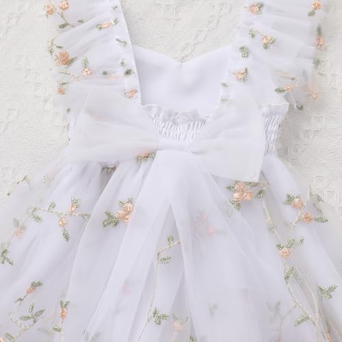 ODOLDI Kids Girls Birthday Party Dress Cake Crush Mesh Embroidered Floral Ruffle Tulle Tutu Romper Dress White 6-9 Months - Image 4