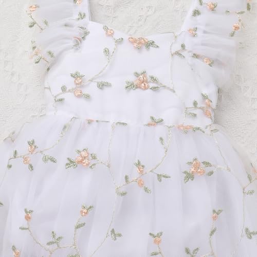 ODOLDI Kids Girls Birthday Party Dress Cake Crush Mesh Embroidered Floral Ruffle Tulle Tutu Romper Dress White 6-9 Months - Image 3
