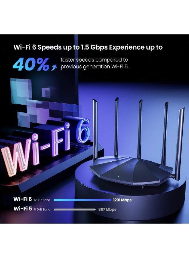 Tenda WiFi 6 Router for Home, AX1500 Dual Band Gigabit Router for Wireless Internet, Long Range Coverage with 5 * 6dBi High-Gain Antennas, 4 Gigabit Ports, Support WPA3, IPv6, Parental Control，WPA3 OFDMA MU-MIMO(RX2Pro) black - Image 3