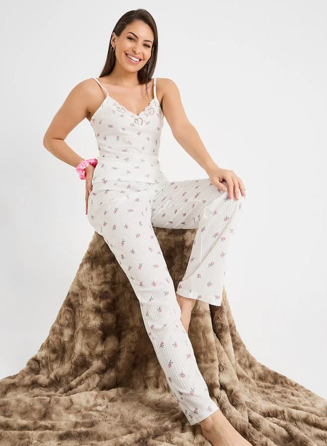 Styli AOP Floral Print Waffle Trim Lace Cami & Pyjama Set