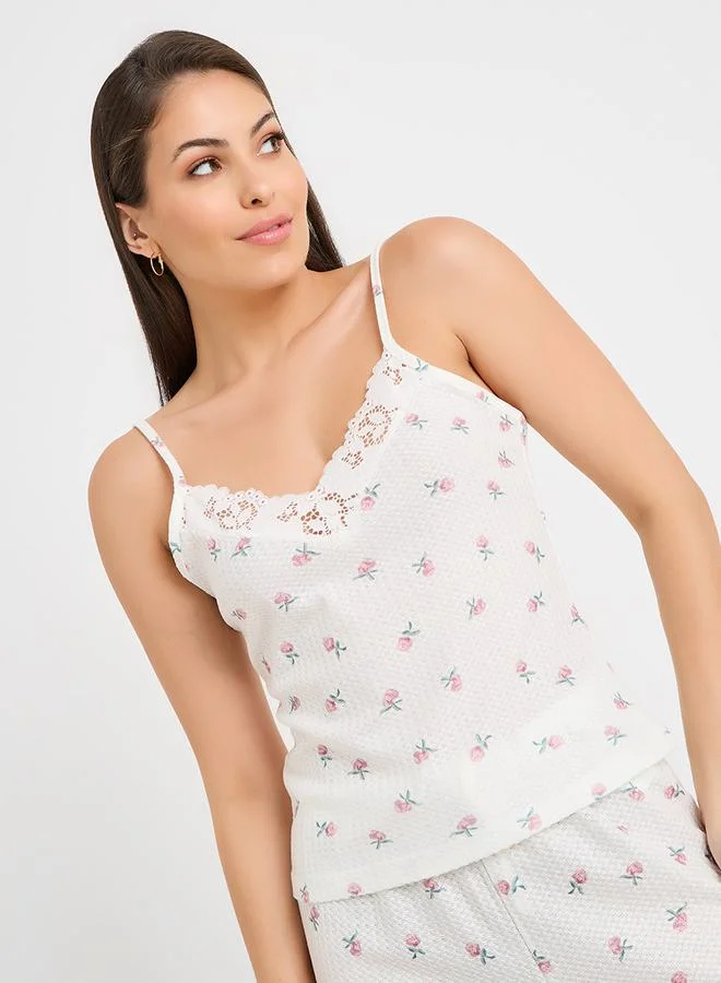 Styli AOP Floral Print Waffle Trim Lace Cami & Pyjama Set