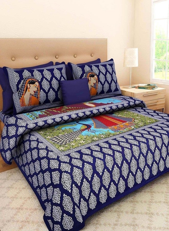 BedZone 100% Cotton Rajasthani Jaipuri Traditional King Size Double Bed Bedsheet with 2 Pillow Covers (Blue) - Image 1