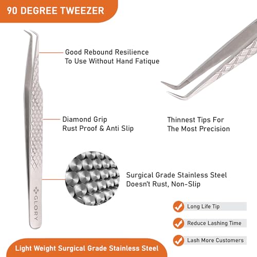 Glory 90 Degree Angle Lash Tweezers for Eyelash Extensions – Precision Fiber Tip Diamond Grip Stainless Steel Lash Tool for Mega Volume Classic & Professional Lash Tech Supplies - Image 4