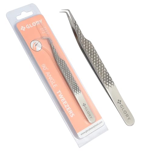 Glory 90 Degree Angle Lash Tweezers for Eyelash Extensions – Precision Fiber Tip Diamond Grip Stainless Steel Lash Tool for Mega Volume Classic & Professional Lash Tech Supplies - Image 1
