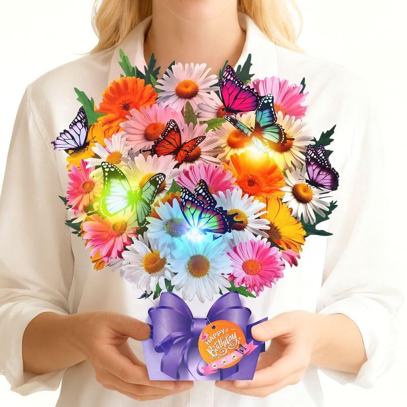 APOTODITO Birthday Cards, Butterfly & Daisy Birthday Card with Music and Light, Flower Bouquet 3D Card for Women Mom Wife - Image 1