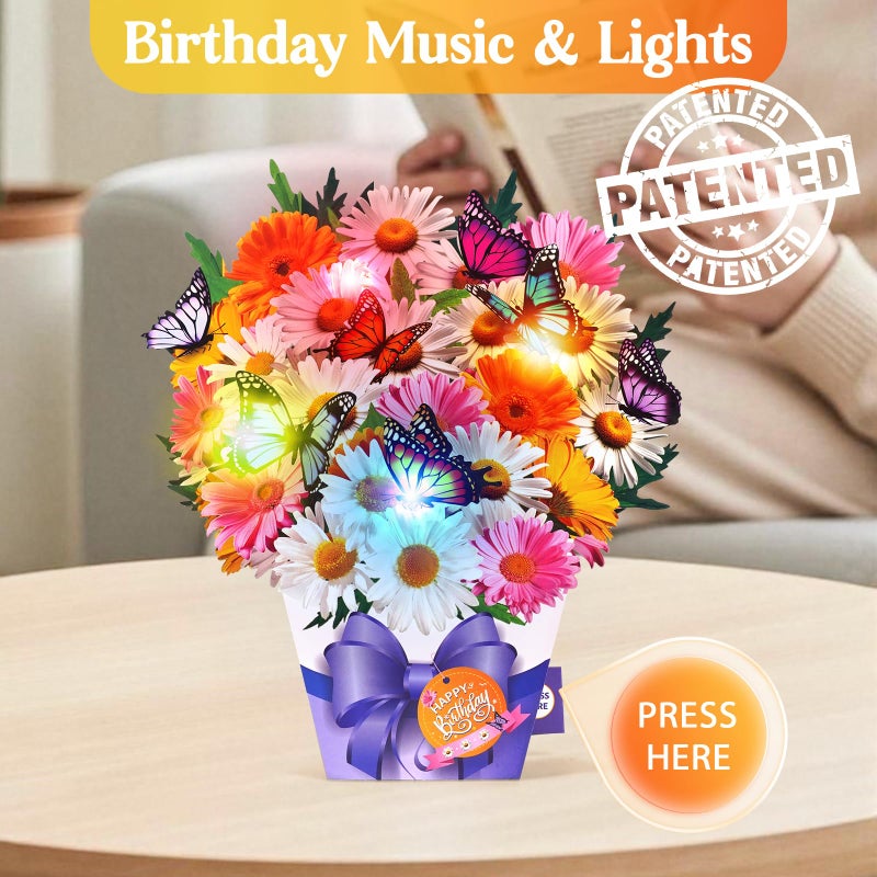 APOTODITO Birthday Cards, Butterfly & Daisy Birthday Card with Music and Light, Flower Bouquet 3D Card for Women Mom Wife - Image 2