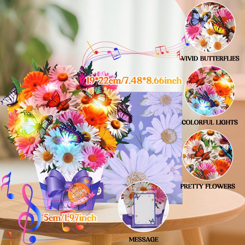 APOTODITO Birthday Cards, Butterfly & Daisy Birthday Card with Music and Light, Flower Bouquet 3D Card for Women Mom Wife - Image 5