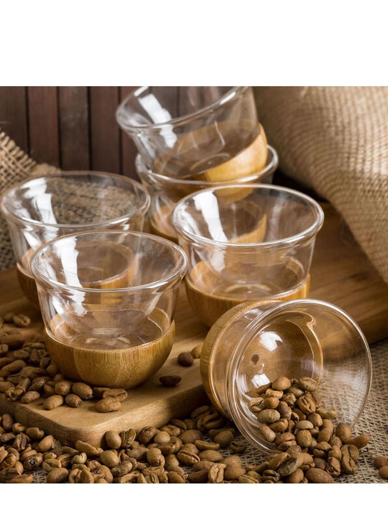 Binshihon 12Pcs Arabic Coffee Cups Clear Heat Resistant Borosilicate Glass With Elegant Compact Wood Base  - Image 3
