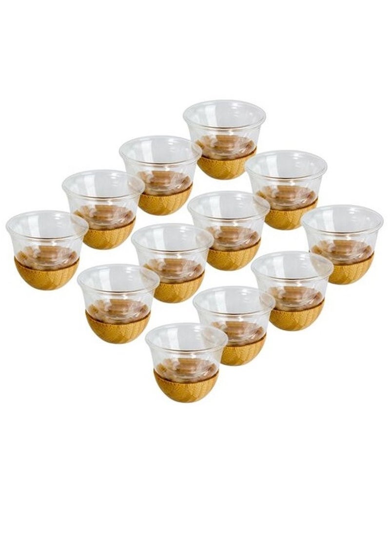 Binshihon 12Pcs Arabic Coffee Cups Clear Heat Resistant Borosilicate Glass With Elegant Compact Wood Base  - Image 1