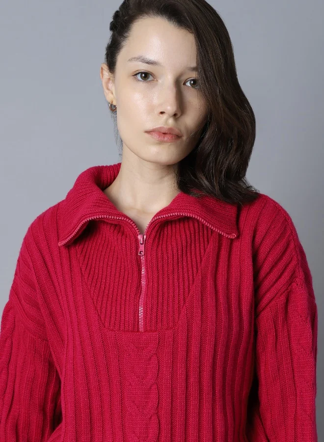 HIGH STAR Women's Hot Pink 100% Acrylic Regular Fit Sweater