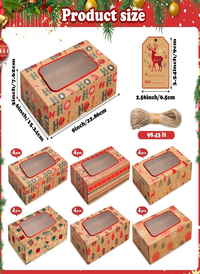 Cinnvoice 24 Pcs Foiled Christmas Cookie Boxes with Window 9'' x 6'' x 3'' Christmas Bakery Boxes with DIY Tags Ribbons Kraft Gift Treat Containers for Xmas Party Doughnut Cookie Candy Cupcakes - Image 2