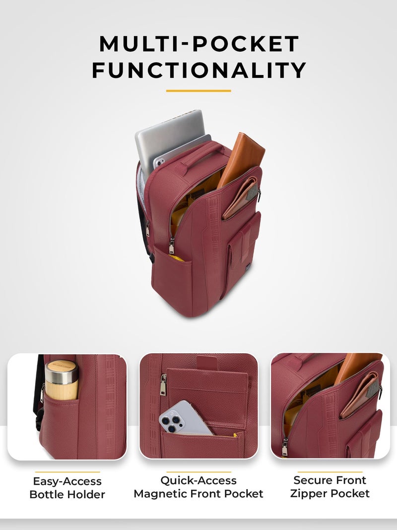 EUME Nexa Backpack Bag for Man, Carmine Red | 2 Large Compartment Office Laptop Backpack | Fits Up to 15.6" Laptop | Vegan Leather | Travel Bag | Laptop Backpack for Men and Women - Image 5