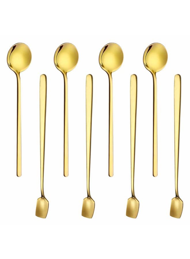 ACKLLR 8 Pack Gold Plated Stainless Steel Espresso Spoons and Long Handle Stirring Spoon, Mini Teaspoon Set for Coffee Sugar Dessert Cake Ice Cream Soup Antipasto Cappuccino Cocktail, 5.1/5.9 Inch - Image 1