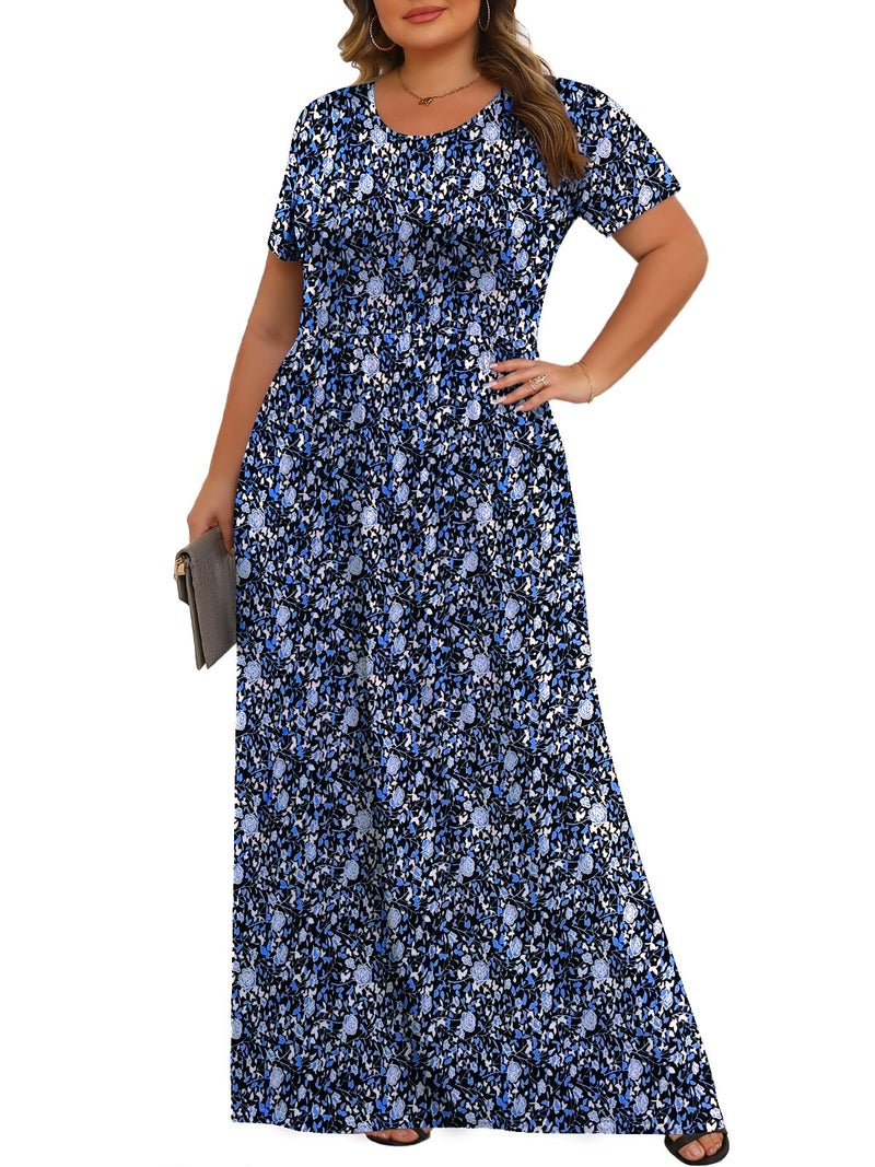 Tencede Womens Plus Size Maxi Dresses Summer 2026 Casual Short Sleeve with Pockets Long Dress Blue Lily 4X - Image 2