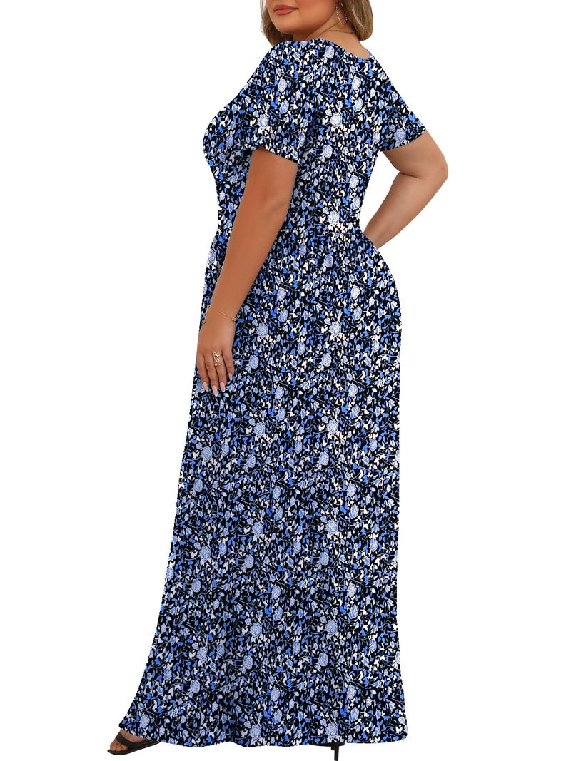 Tencede Womens Plus Size Maxi Dresses Summer 2026 Casual Short Sleeve with Pockets Long Dress Blue Lily 4X - Image 4