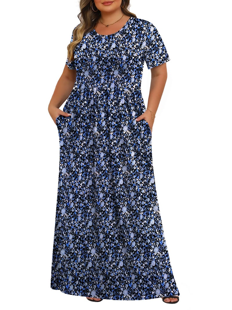 Tencede Womens Plus Size Maxi Dresses Summer 2026 Casual Short Sleeve with Pockets Long Dress Blue Lily 4X - Image 1