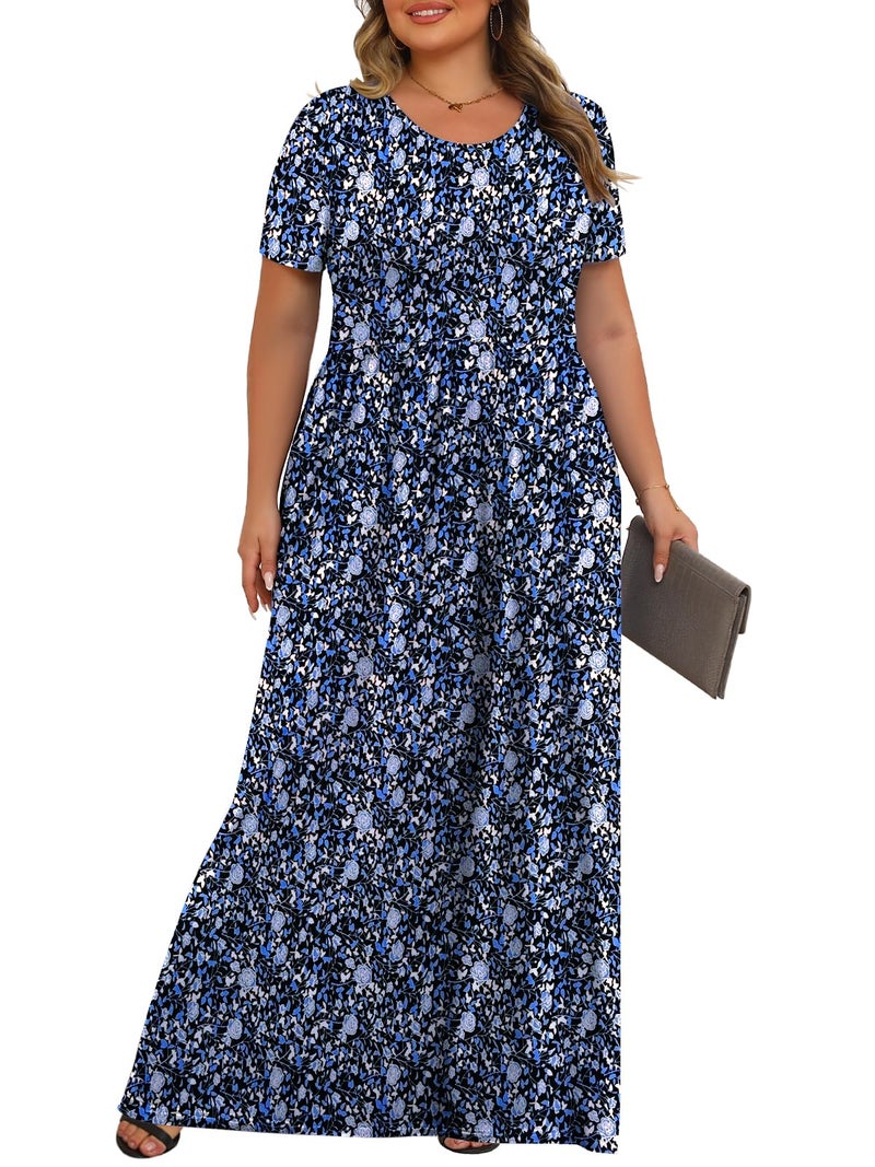 Tencede Womens Plus Size Maxi Dresses Summer 2026 Casual Short Sleeve with Pockets Long Dress Blue Lily 4X - Image 3
