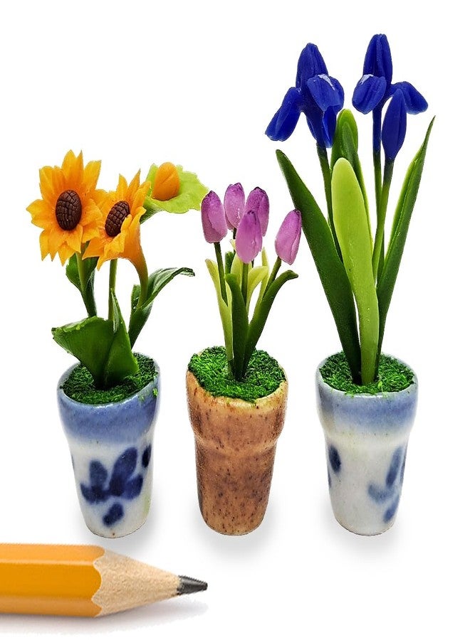 WitnyStore Tiny 1½" High 3 Pieces Set Sunflower Tulip Iris - Hand Made Artificial Flowers Colorful Miniature Realistic Modelling Clay Flower Plants in Pots Blooming House Plant Home Indoor Decoration - Image 1