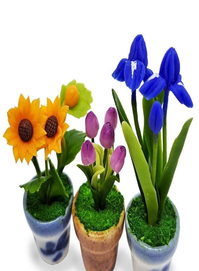 WitnyStore Tiny 1½" High 3 Pieces Set Sunflower Tulip Iris - Hand Made Artificial Flowers Colorful Miniature Realistic Modelling Clay Flower Plants in Pots Blooming House Plant Home Indoor Decoration - Image 5