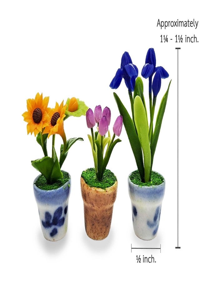 WitnyStore Tiny 1½" High 3 Pieces Set Sunflower Tulip Iris - Hand Made Artificial Flowers Colorful Miniature Realistic Modelling Clay Flower Plants in Pots Blooming House Plant Home Indoor Decoration - Image 2