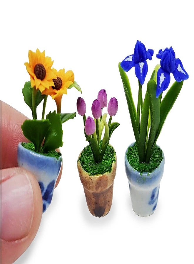 WitnyStore Tiny 1½" High 3 Pieces Set Sunflower Tulip Iris - Hand Made Artificial Flowers Colorful Miniature Realistic Modelling Clay Flower Plants in Pots Blooming House Plant Home Indoor Decoration - Image 3